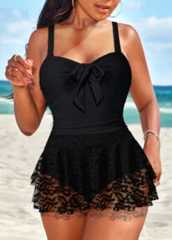 Bowknot Lace Black One Piece Swimwear