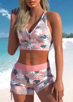 Pink Mid Waisted Floral Print Criss Cross Tankini Set -Rosewe Swimwear Store 329520 P 1680597884086