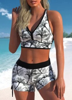 Mid Waisted Floral Print Layered Black Tankini Set -Rosewe Swimwear Store 329522 P 1688539719578