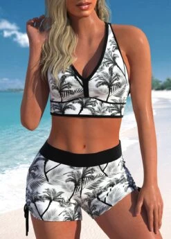 Mid Waisted Floral Print Layered Black Tankini Set -Rosewe Swimwear Store 329522 P 1688539719654