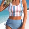 Mid Waisted Multi Stripe Print Drawstring Bikini Set -Rosewe Swimwear Store 329561 P 1679119511459
