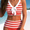 High Waisted Striped Patchwork Coral Bikini Set