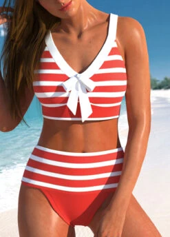 High Waisted Striped Patchwork Coral Bikini Set