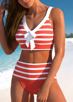 High Waisted Striped Patchwork Coral Bikini Set -Rosewe Swimwear Store 329594 P 1679302894992