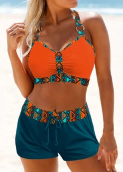 Mid Waisted Tribal Print Circular Ring Bikini Set