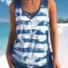 High Waisted Striped Drawstring Peacock Blue Tankini Set