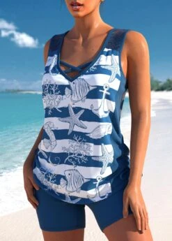 High Waisted Striped Drawstring Peacock Blue Tankini Set -Rosewe Swimwear Store 330026 P 1679549913437