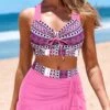 Mid Waisted Geometric Print Drawstring Pink Bikini Set -Rosewe Swimwear Store 330232 P 1679896925342