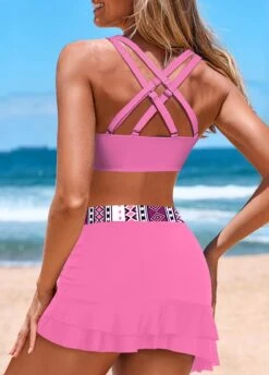 Mid Waisted Geometric Print Drawstring Pink Bikini Set -Rosewe Swimwear Store 330232 P 1679896925652