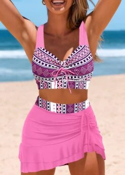 Mid Waisted Geometric Print Drawstring Pink Bikini Set -Rosewe Swimwear Store 330232 P 1679896926987