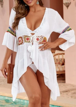 Patchwork White Tassel Tie Cover Up -Rosewe Swimwear Store 330667 P 16848257274762