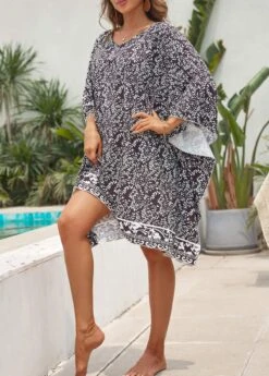 Contrast Leaf Print Black Cover Up 10 Contrast Leaf Print Black Cover Up -Rosewe Swimwear Store 330836 P 16823254685743