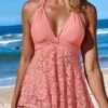 Mid Waisted Lace Pink Swimdress And Panty 2 Mid Waisted Lace Pink Swimdress And Panty -Rosewe Swimwear Store 330970 P 16850064881112