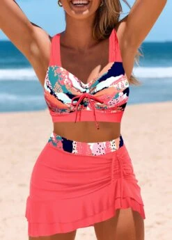 Mid Waisted Geometric Print Drawstring Coral Bikini Set -Rosewe Swimwear Store 331010 P 1680586349631