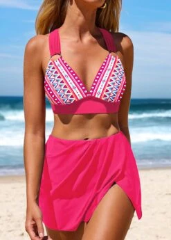 Hot Pink Mid Waisted Geometric Print Circular Ring Bikini Set
