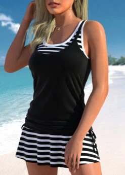 Mid Waisted Striped Drawstring Black Tankini Set -Rosewe Swimwear Store 331313 P 1681812379569