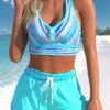 Cyan High Waisted Multi Stripe Print Bikini Set -Rosewe Swimwear Store 331646 P 1681279022874