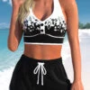 Black High Waisted Floral Print Criss Cross Bikini Set