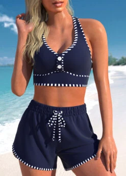 High Waisted Striped Criss Cross Navy Bikini Set