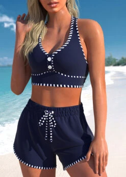 High Waisted Striped Criss Cross Navy Bikini Set -Rosewe Swimwear Store 331745 P 1681365585761