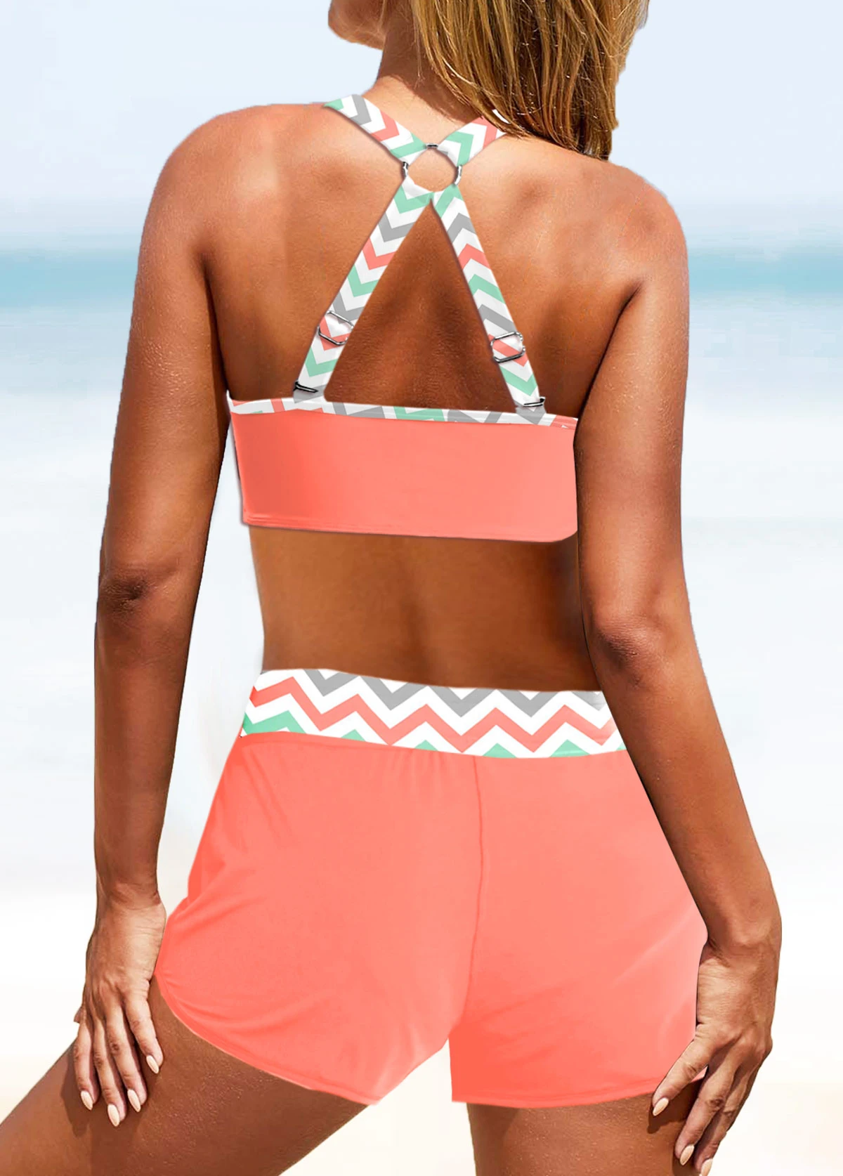 Coral Chevron Print Circular Ring Bikini Set 4 Coral Chevron Print Circular Ring Bikini Set - Image 2