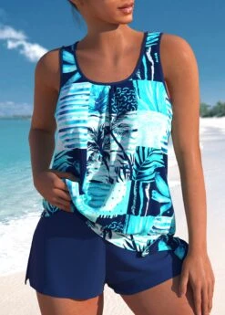 High Waisted Tropical Plants Print Tie Tankini Set