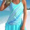 Mid Waisted Tribal Print Drawstring Cyan Tankini Set -Rosewe Swimwear Store 332148 P 1682668044741