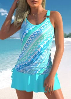 Mid Waisted Tribal Print Drawstring Cyan Tankini Set -Rosewe Swimwear Store 332148 P 1682668045627