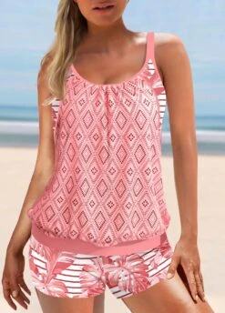 Pink Tropical Plants Print Lace Tankini Set -Rosewe Swimwear Store 332386 P 1683507934514