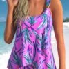 Neon Pink Plants Print Cross Hem Tankini Set 1 Neon Pink Plants Print Cross Hem Tankini Set -Rosewe Swimwear Store 332743 P 1685001169166