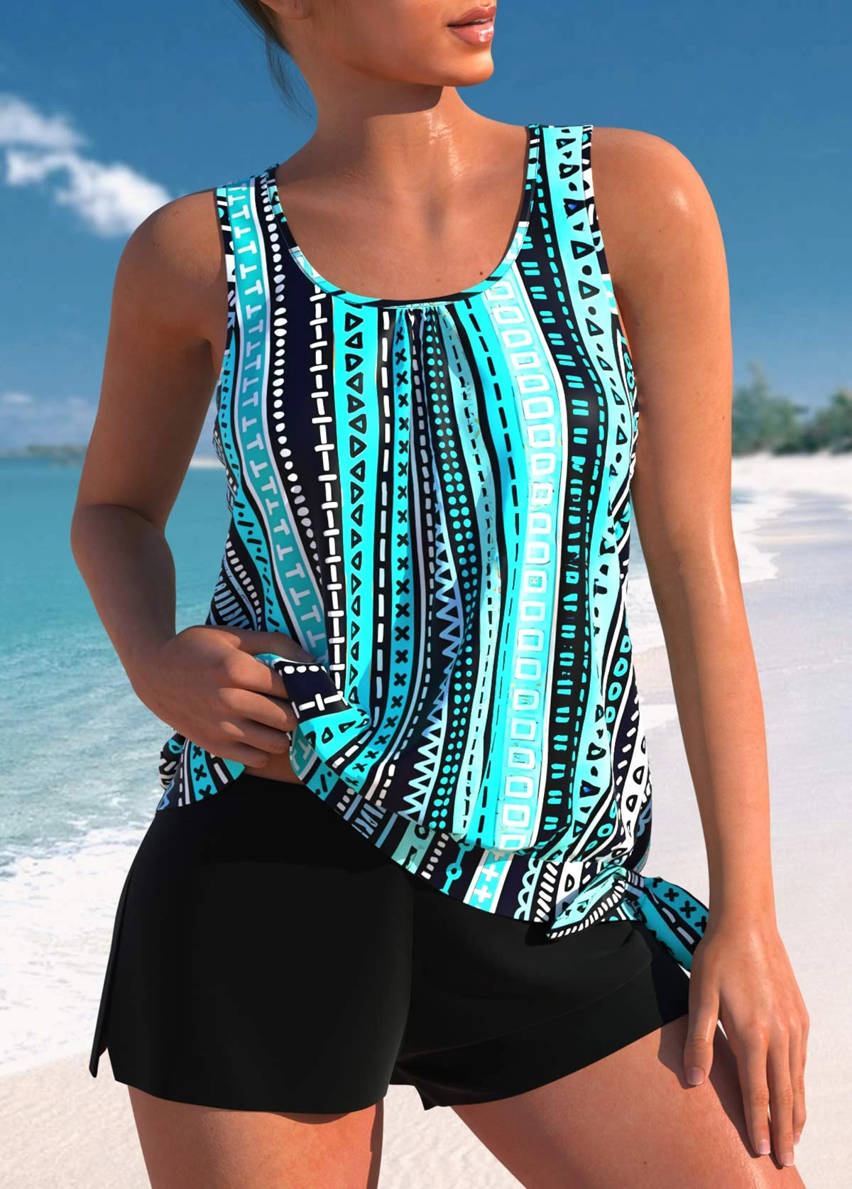 Mid Waisted Geometric Print Bowknot Cyan Tankini Set 3 Mid Waisted Geometric Print Bowknot Cyan Tankini Set