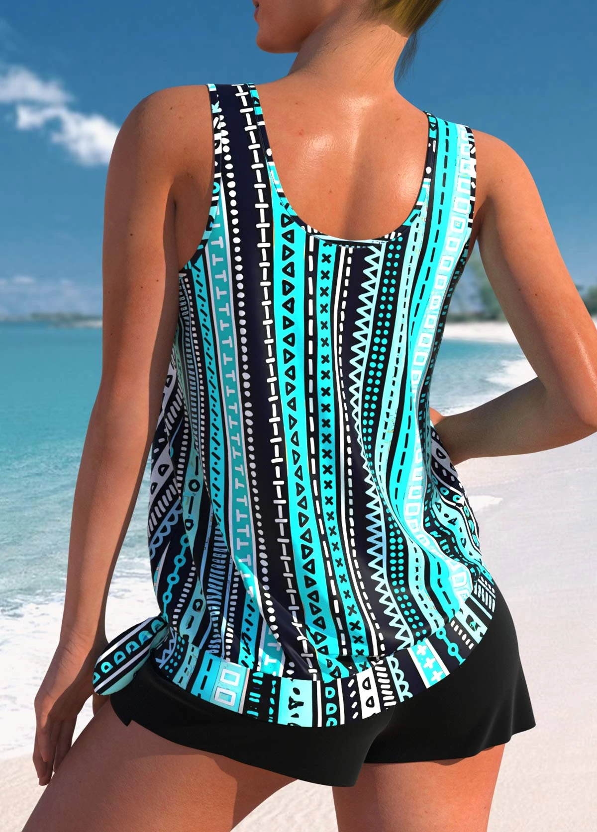 Mid Waisted Geometric Print Bowknot Cyan Tankini Set 4 Mid Waisted Geometric Print Bowknot Cyan Tankini Set - Image 2