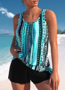 Mid Waisted Geometric Print Bowknot Cyan Tankini Set 7 Mid Waisted Geometric Print Bowknot Cyan Tankini Set -Rosewe Swimwear Store 332886 P 1682488435953