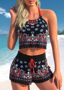 High Waisted Tribal Print Drawstring Black Bikini Set