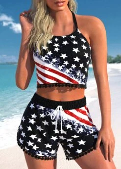 Mid Waisted American Flag Print Drawstring Bikini Set