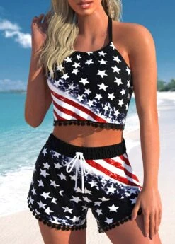 Mid Waisted American Flag Print Drawstring Bikini Set -Rosewe Swimwear Store 333300 P 1683884124803