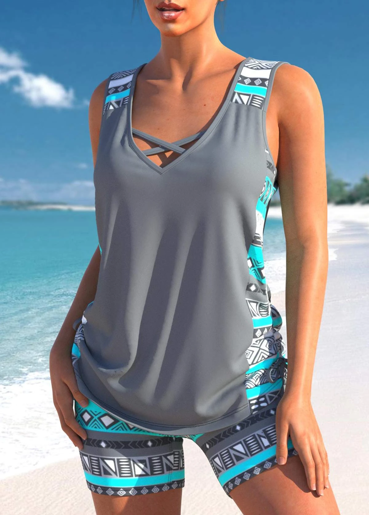 Mid Waisted Tribal Print Drawstring Grey Tankini Set 5 Mid Waisted Tribal Print Drawstring Grey Tankini Set - Image 3