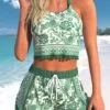 Mid Waisted Tropical Plants Print Tassel Tankini Set -Rosewe Swimwear Store 333305 P 1684227610957