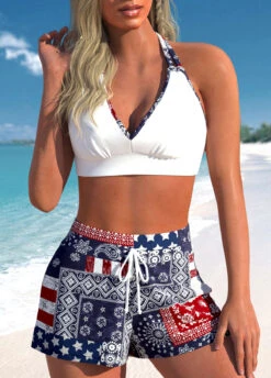 High Waisted Flag Print Patchwork Navy Bikini Set
