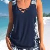 Mid Waisted Tribal Print Drawstring Navy Tankini Set -Rosewe Swimwear Store 333528 P 1683535410669