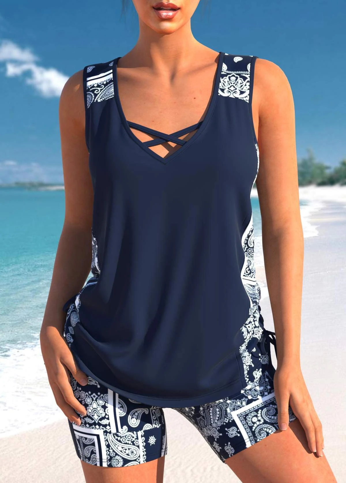 Mid Waisted Tribal Print Drawstring Navy Tankini Set 3 Mid Waisted Tribal Print Drawstring Navy Tankini Set