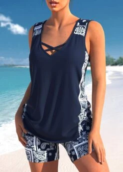 Mid Waisted Tribal Print Drawstring Navy Tankini Set 7 Mid Waisted Tribal Print Drawstring Navy Tankini Set -Rosewe Swimwear Store 333528 P 1683535411817