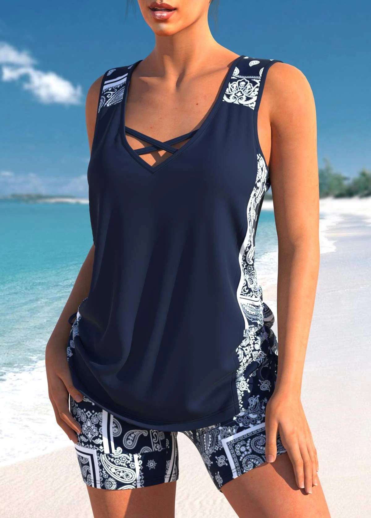 Mid Waisted Tribal Print Drawstring Navy Tankini Set 5 Mid Waisted Tribal Print Drawstring Navy Tankini Set - Image 3