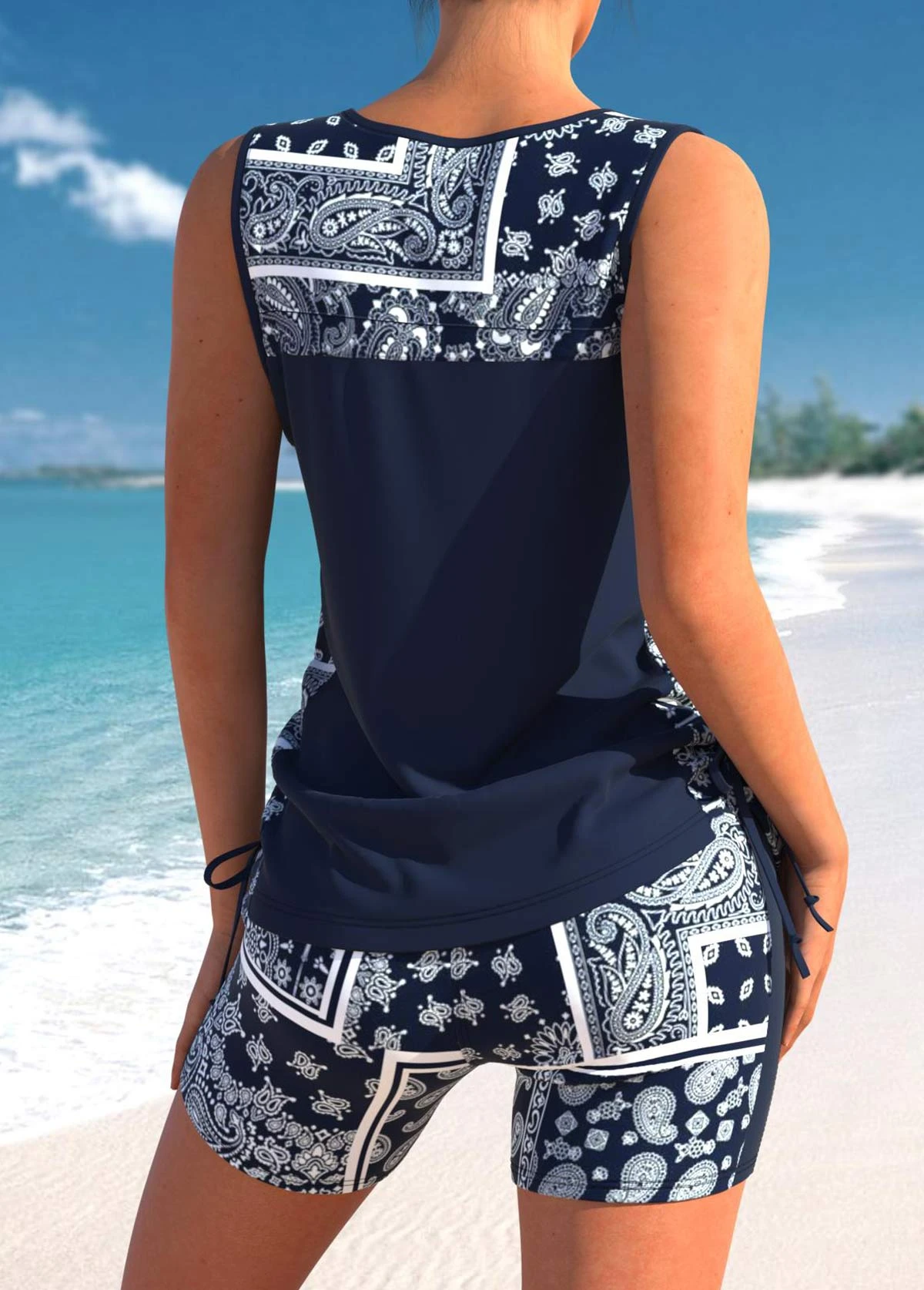 Mid Waisted Tribal Print Drawstring Navy Tankini Set 4 Mid Waisted Tribal Print Drawstring Navy Tankini Set - Image 2