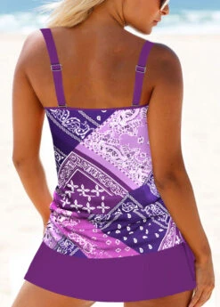 Mid Waisted Tribal Print Drawstring Purple Tankini Set 6 Mid Waisted Tribal Print Drawstring Purple Tankini Set -Rosewe Swimwear Store 333650 P 1684984358589