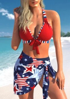 Mid Waisted Geometric Print Three-piece Bikini Set