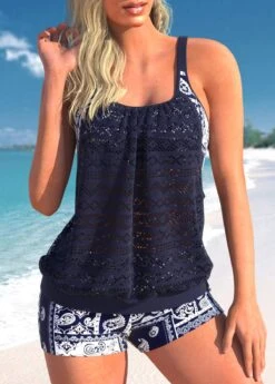 Mid Waisted Tribal Print Cut Out Tankini Set