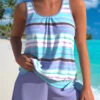 High Waisted Multi Stripe Print Bowknot Tankini Set