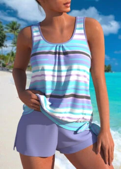 High Waisted Multi Stripe Print Bowknot Tankini Set