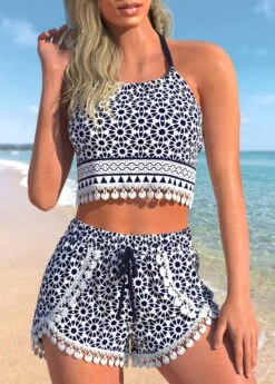 High Waisted Tribal Print Patchwork Navy Bikini Set